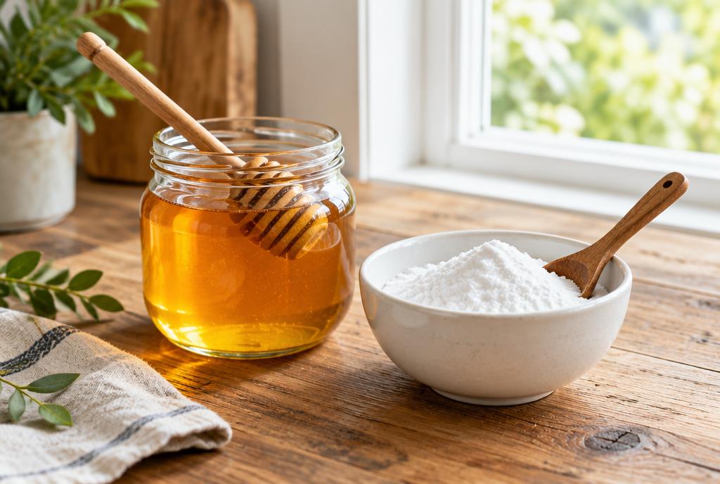 Miel et bicarbonate sur une table